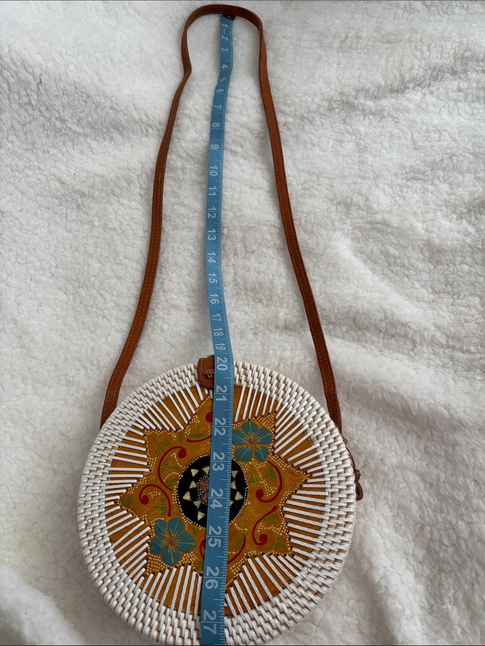Woven Round Crossbody Bag in White with Tan Strap - Picture 7 of 8